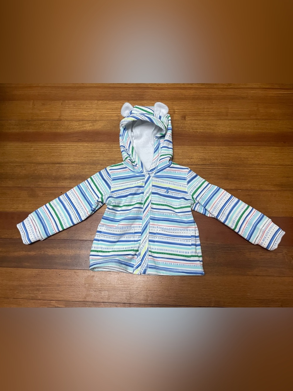 Joules Striped Hooded Rabbit Jacket in Blue, Green & White Size 18-24 Months